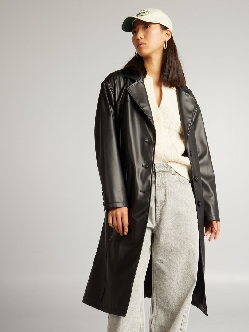 Trenchcoat van imitatieleer - zwart