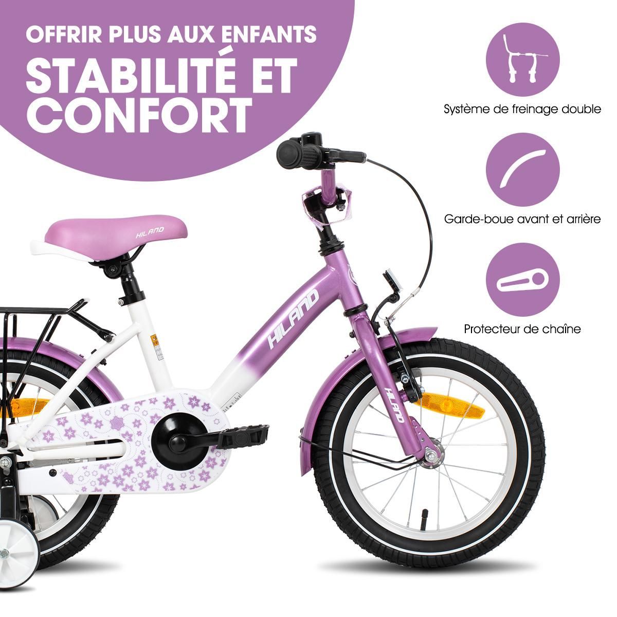 Vélo pour enfants - HILAND - 14 pouces - Roues assistées - Porte-bagages arrière - Violet
