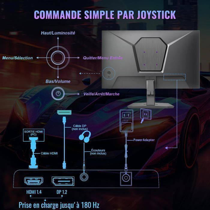 Minifire 24-inch gamingmonitor, 180Hz, 1ms, Adaptive Sync, Full HD, 110% sRGB, Bluelight Shield, kantelbaar.