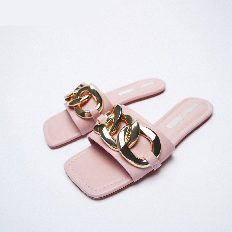 ZA Slippers Women Summer Outside Wear Fashion New Square Head Chain Slippers Flat Beach Sandals