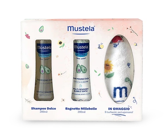 MUSTELA Mustela vannas turbāna komplekts Maigs šampūns 200 ml + vannas putas 200 ml + turbāna dvielis