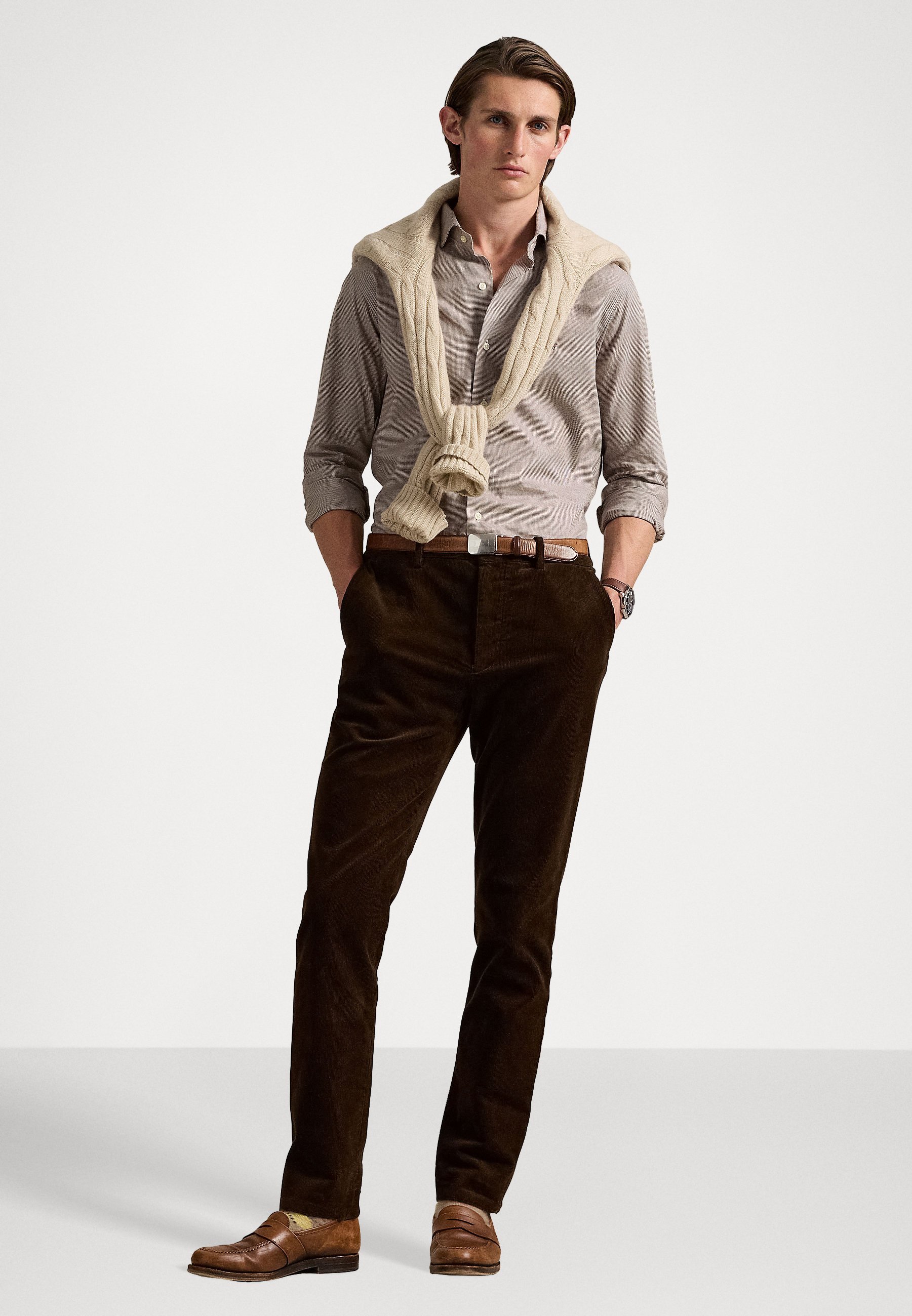 Chemise Polo Ralph Lauren coupe personnalisée en sergé à motif pied-de-poule - Crème/Marron