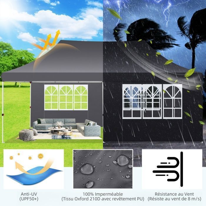 Gazebo pieghevole 3x6 m, tenda da giardino impermeabile per esterni, tenda per feste con 6 pannelli laterali, protezione UV 50+ - Grigio