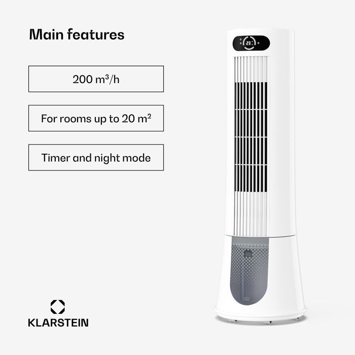 Ventilador enfriador de aire - Klarstein Frost - 200 m³/h - 7 L - 20 m² - 4 modos - 3 niveles de potencia - Control remoto