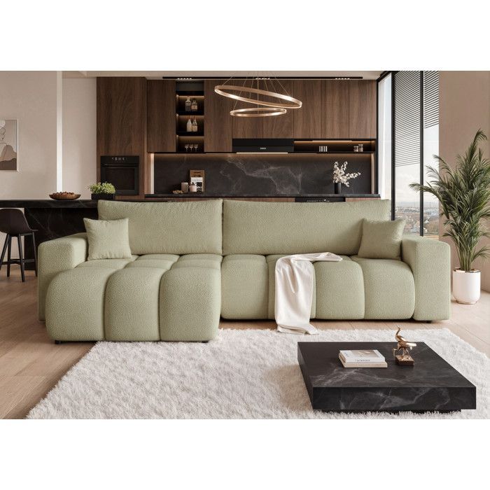 Canapé d'angle Réversible OFI - 5 places - Canape Convertible avec Coffre - Tissu Agréable au Toucher - Vert