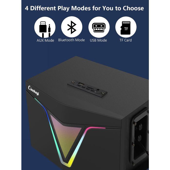 Enceintes PC avec subwoofer - SVATV - Subwoofer 23 cm - Satellites 12 cm - Bluetooth - AUX - Effets LED RGB