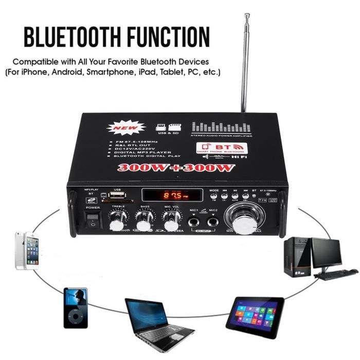 Amplificador - BT-298A - 600W - 2 canais - Bluetooth - Rádio FM - Controle remoto