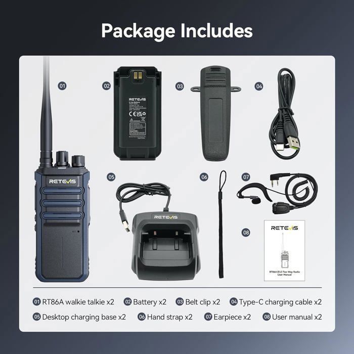 Retevis RT86A Talkie Walkie Longue Distance Adulte, 2500 mAh, Appel de Groupe, Haute Puissance, Professionnel pour Sécurité, Hôtel
