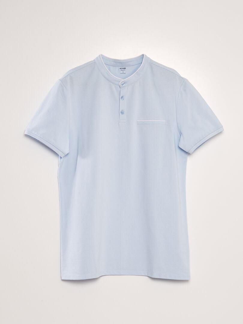 Camisa polo em piqué de algodão com gola mandarim - AZUL