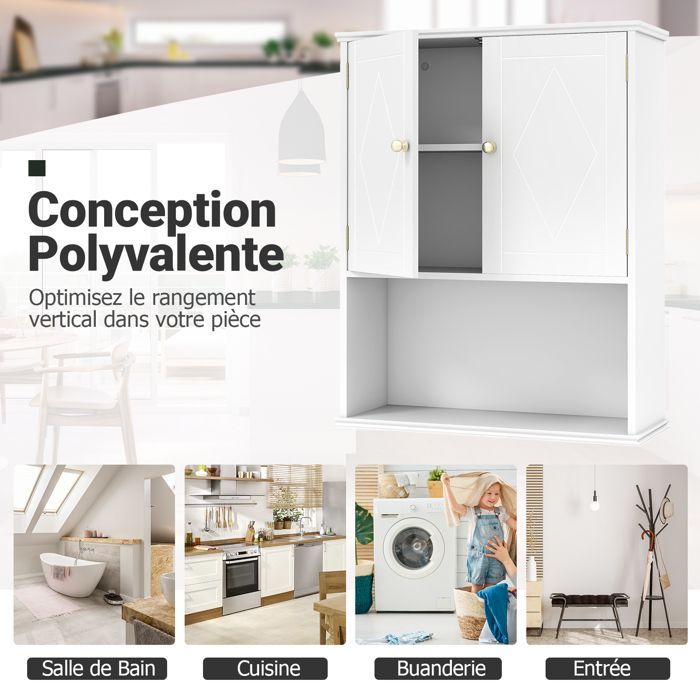 COSTWAY Meuble Mural Salle de Bain avec 2 Portes, Étagère Réglable, Compartiment Ouvert, pour Toilette, Buanderie, Salon, Blanc