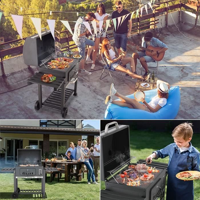 Barbecue au Charbon de Bois, Grill à Charbon BBQ avec 2 Étagère Latérale, Plateau à Charbon Réglable à 6 Positions, 152x60x136cm