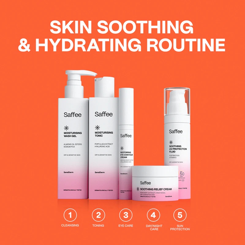 „Saffee SensiDerm Soothing UV Protection Fluid“ – apsauginis skystis sausai ir jautriai odai.