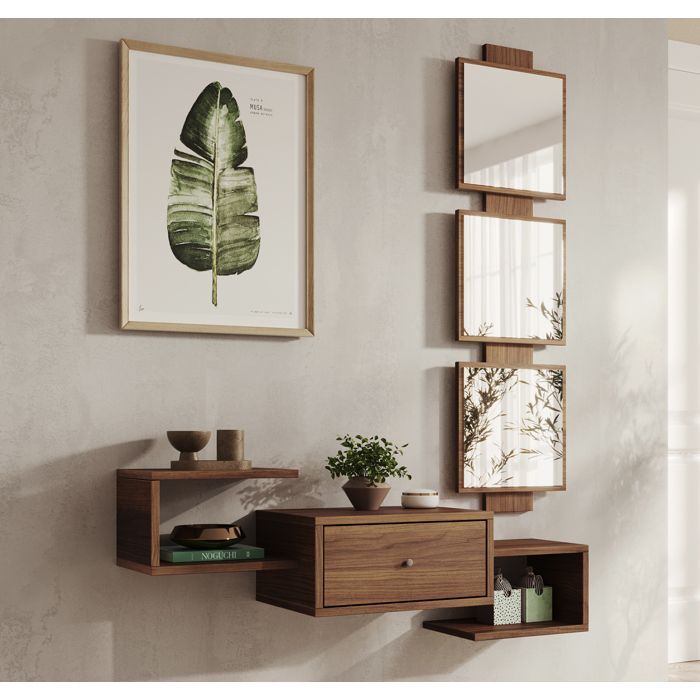 Eingangsbereich-Möbel | 1 Schublade mit Spiegel | Konsolentisch | Ausführung: Ambar-Walnuss | B 99,5 x T 22 x H 145 cm | Modell Neo