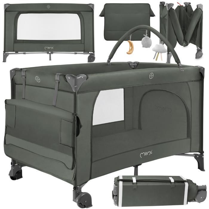 MoMi BELOVE PLUS - Baby travel cot with mattress, play arch, changing table + bag - 2 sleeping levels - 15 kg - Green