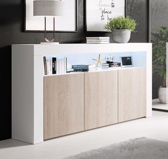 Aparador LED de 3 puertas | 155 x 91,5 x 37 cm | Blanco brillante y Sonoma mate | Almacenamiento | AKER