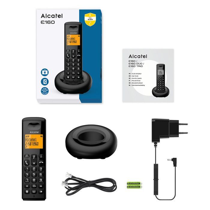 Teléfono inalámbrico DECT Alcatel E160 Duo negro con bloqueo de llamadas no deseadas, pantalla grande retroiluminada naranja, fácil de usar.