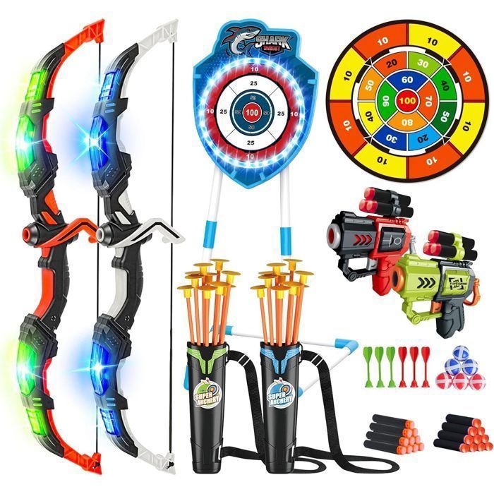 Conjunto de arco e flecha 4 em 1 com tema de tubarão, incluindo arcos iluminados, flechas com ventosa, alvos de LED e alvo para dardos – Brinquedo para atirar e arremessar
