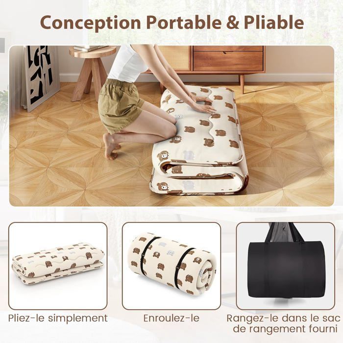 Colchón futón japonés COSTWAY 140x200CM - Cubrecolchón extraíble, colchón plegable para suelo - Hogar, autocaravana, dormitorio - Oso marrón