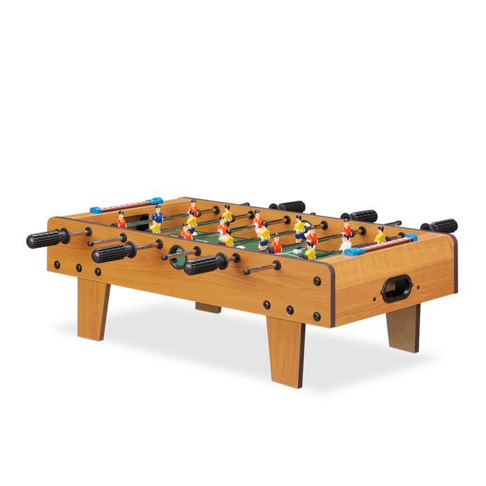 Mesa de futbolín Relaxdays Mini para niños y adultos, juego de fútbol de viaje, 69 x 37 cm, verde-marrón
