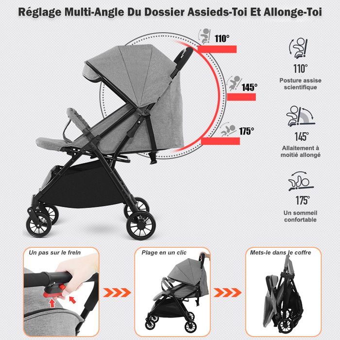 Ultracompacte stadsbuggy - Van 0 tot 36 maanden, tot 15 kg - Inklapbaar met één druk op de knop, verstelbare rugleuning, dubbele rem - Grijs