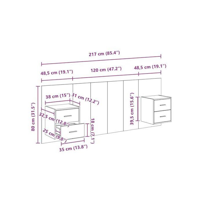 Cabecero con armario - vidaXL - Roble artesanal - Madera de ingeniería - 217x32,5x80 cm - Almacenamiento integrado