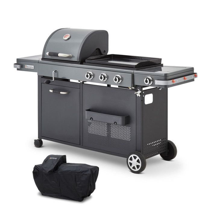 Bi-Energy XL Gas- en Houtskoolbarbecue – BRASERO BY FAVEX – 14 personen – 3 branders 10,8 kW – Gietijzeren bakplaat 60 x 42 cm – Afdekhoes