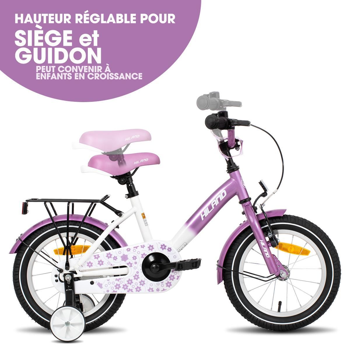 Vélo pour enfants - HILAND - 14 pouces - Roues assistées - Porte-bagages arrière - Violet