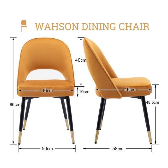 Wahson Lot de 2 Chaise Salle à Manger en Velours Moderne avec Pieds en métal, Rembourrées pour Cuisine et Restaurant,Jaune