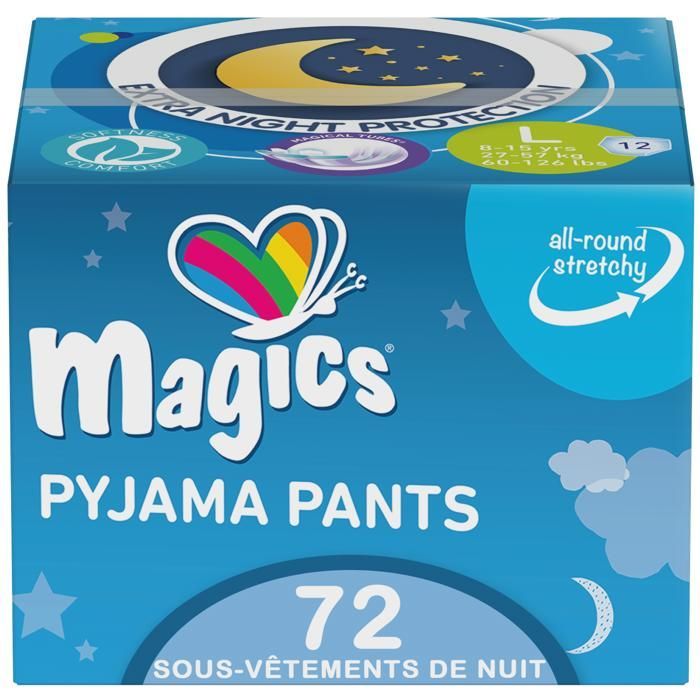 Magics Night Pants - 72x Couches Culotte de Nuit Absorbants - Enfants 8-15 Ans, Taille L (27-57 Kg) - Sous-Vêtements Fuite Urinaire