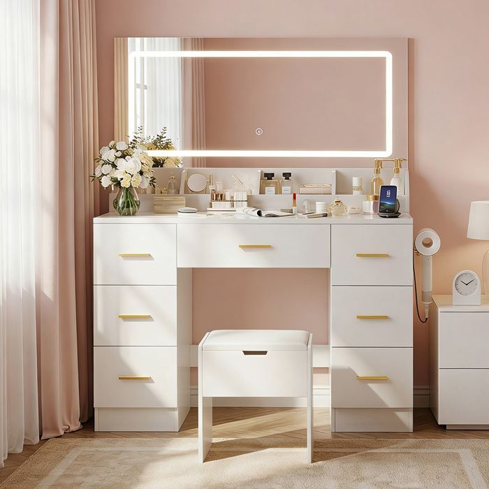 Grande Coiffeuse avec Miroir LED et Tabouret - NHHF - 116X38X138 CM - Éclairage LED 3 Couleurs - avec Prises de Courant et 7 Tiroirs