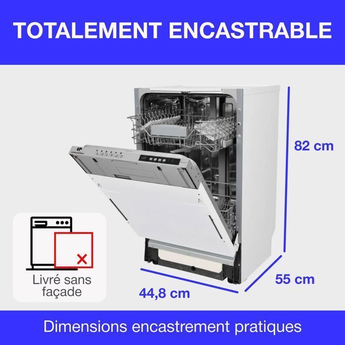 Lave-vaisselle encastrable CONTINENTAL EDISON CELV1045FI-10 couverts - Largeur44,8cm - Classe D - 45 dB - Blanc
