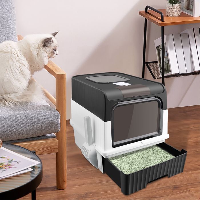 Arenero MIPAN negro - Casa de baño plegable grande para gatos - Bandeja con cajón y pala para arena - 49 x 37 x 35 cm