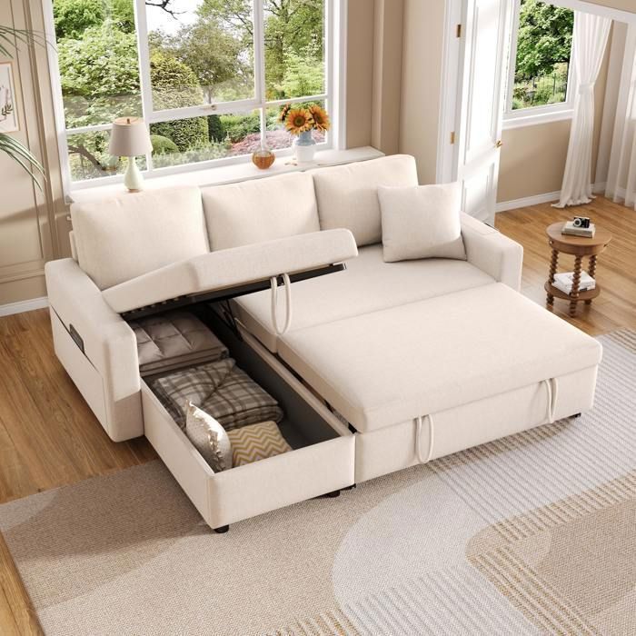 Canapé d'angle convertible réversible 3 places, Tissu en Lin,L219,canape convertible avec coffre de rangement,canapé en L,beige