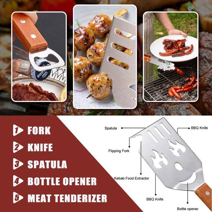 Juego de accesorios para barbacoa de 4 piezas: pinzas, cuchillo, tenedor, sierra, mango de madera, regalo del Día del Padre para papá