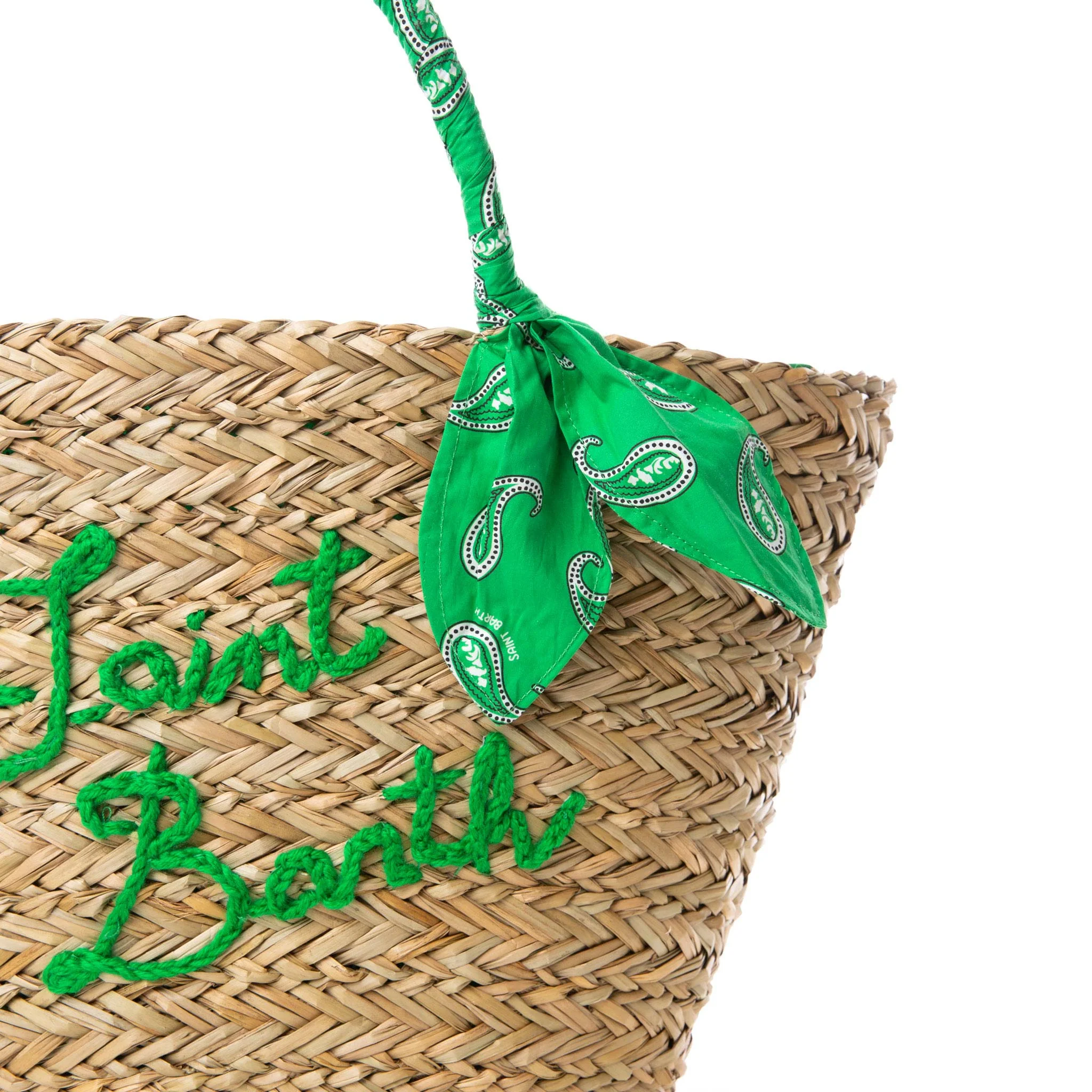 Damestas van stro | Handvatten met groene paisleyprint | Geborduurd Saint Barth-logo | Stijlvol en ruim | 50 cm x 30 cm x 18 cm | MC2 Saint Barth