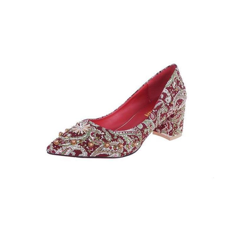 Décolleté da donna di alta qualità con stampa su seta, fibbia, stile etnico, scarpe singole, scarpe da festa con tacco alto per primavera/estate.