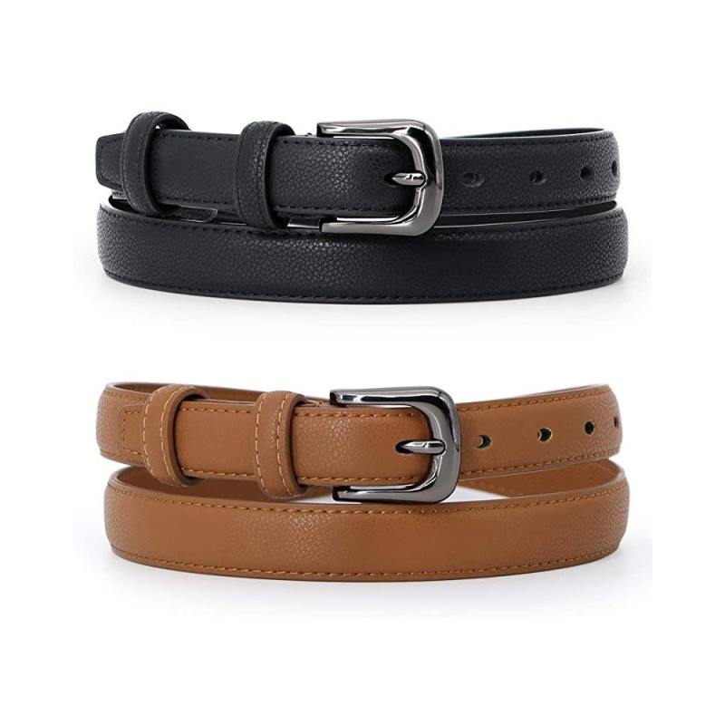 Lot de 2 ceintures en cuir pour femme, fines et élégantes, avec boucle ardillon, idéales pour jeans et pantalons.