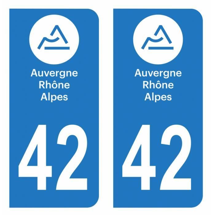 Set van 2 kentekenstickers, departement 42 Loire, logo van de regio Auvergne-Rhône-Alpes