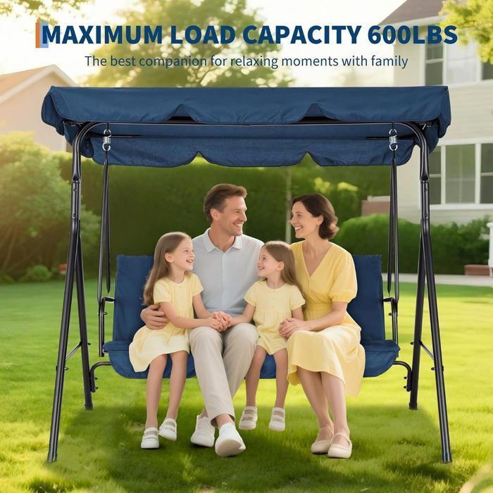 HOLA - Columpio de jardín independiente para 3 personas con toldo impermeable ajustable para jardín y patio - Carga máxima 210 kg - AZUL