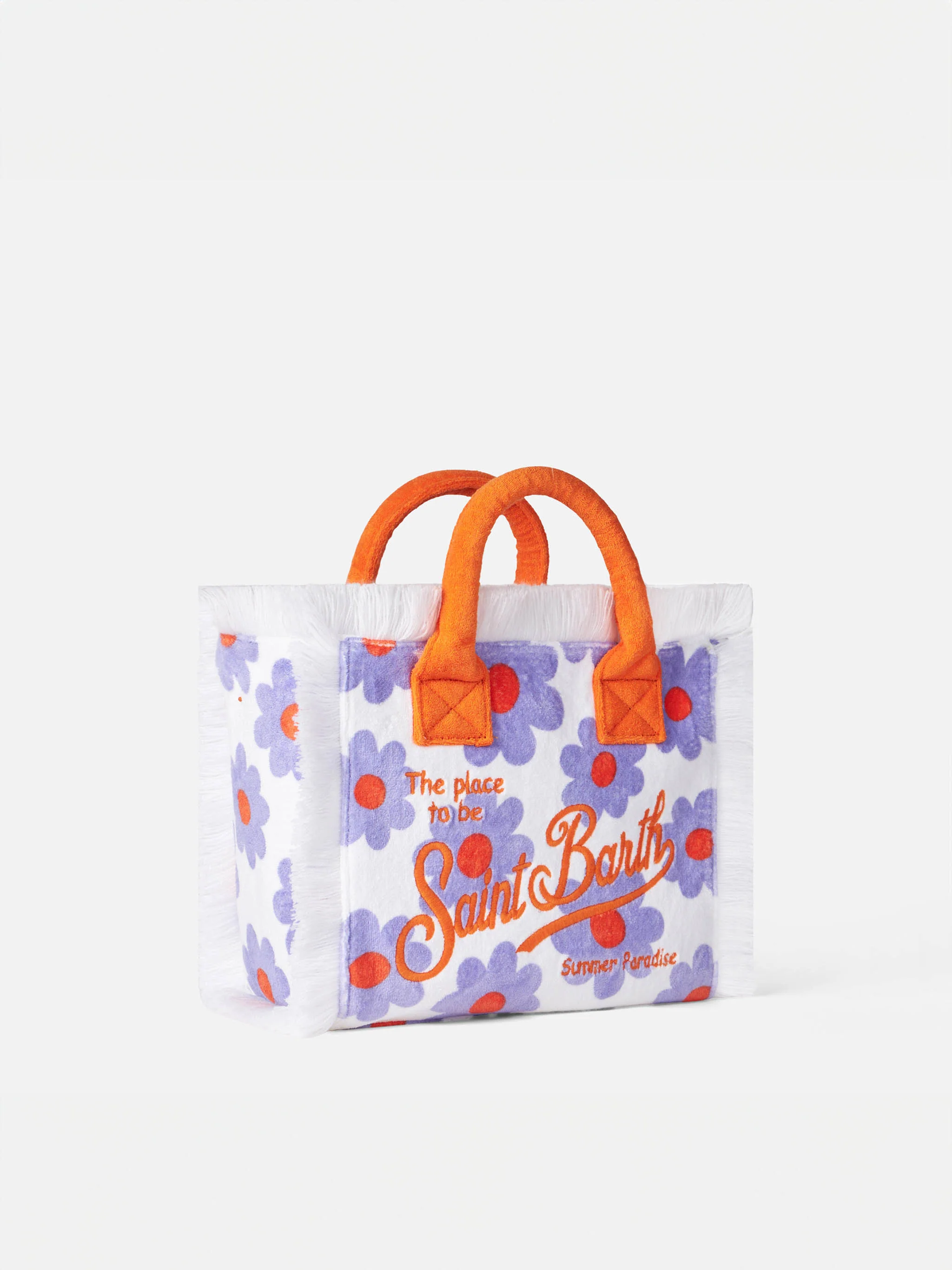 Colette Frottee-Handtasche mit Fransen und violettem sowie orangefarbenem Gänseblümchenmuster | MC2 Saint Barth Logo | 30 x 22 x 15 cm
