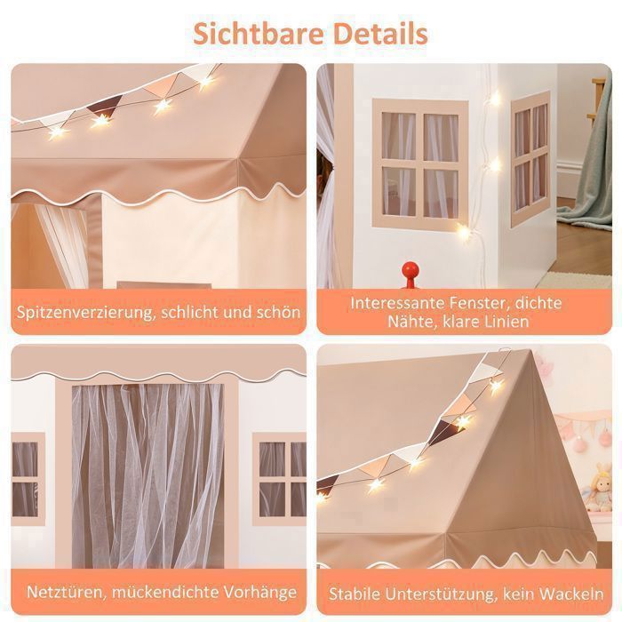 Tenda da gioco per bambini, casetta da interno con tappeto e luci decorative da 3 m, 3 finestre - per bambini dai 3 ai 13 anni - color kaki