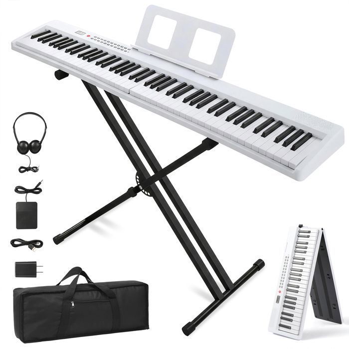 Pianoforte - LALAHO - Pianoforte digitale a 88 tasti, tastiera digitale pieghevole, con supporto, con funzione MIDI e Bluetooth - Bianco