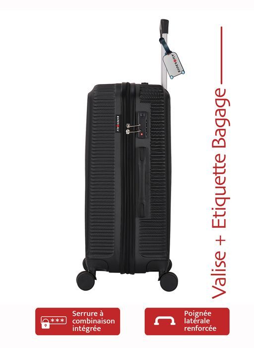 Cabinekoffer 55 cm, harde ABS-schaal, gitzwart + gratis bagagelabel - 4 x 360° wielen - 2,5 kg - 39 liter – ADC