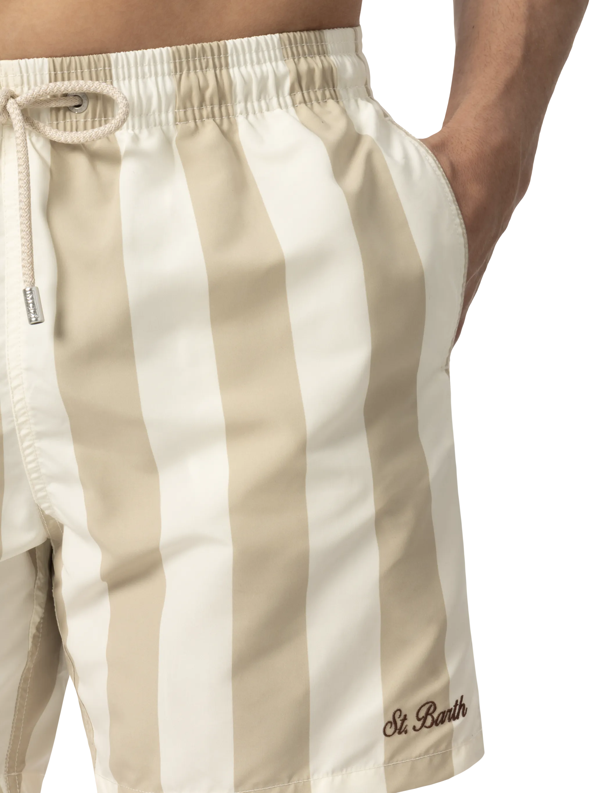 Costume mare lunghezza media Gustavia a righe con ricamo St. Barth