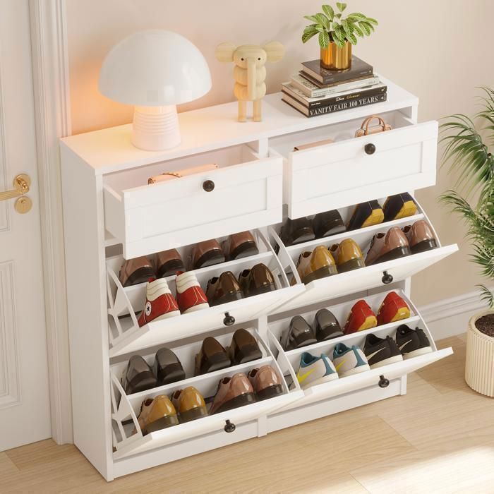 Meuble à Chaussures -VOWNER - Meuble d'entrée Rangement pour Chaussures -Commode à Chaussures - 100 x 105 x 24 cm - Blanc