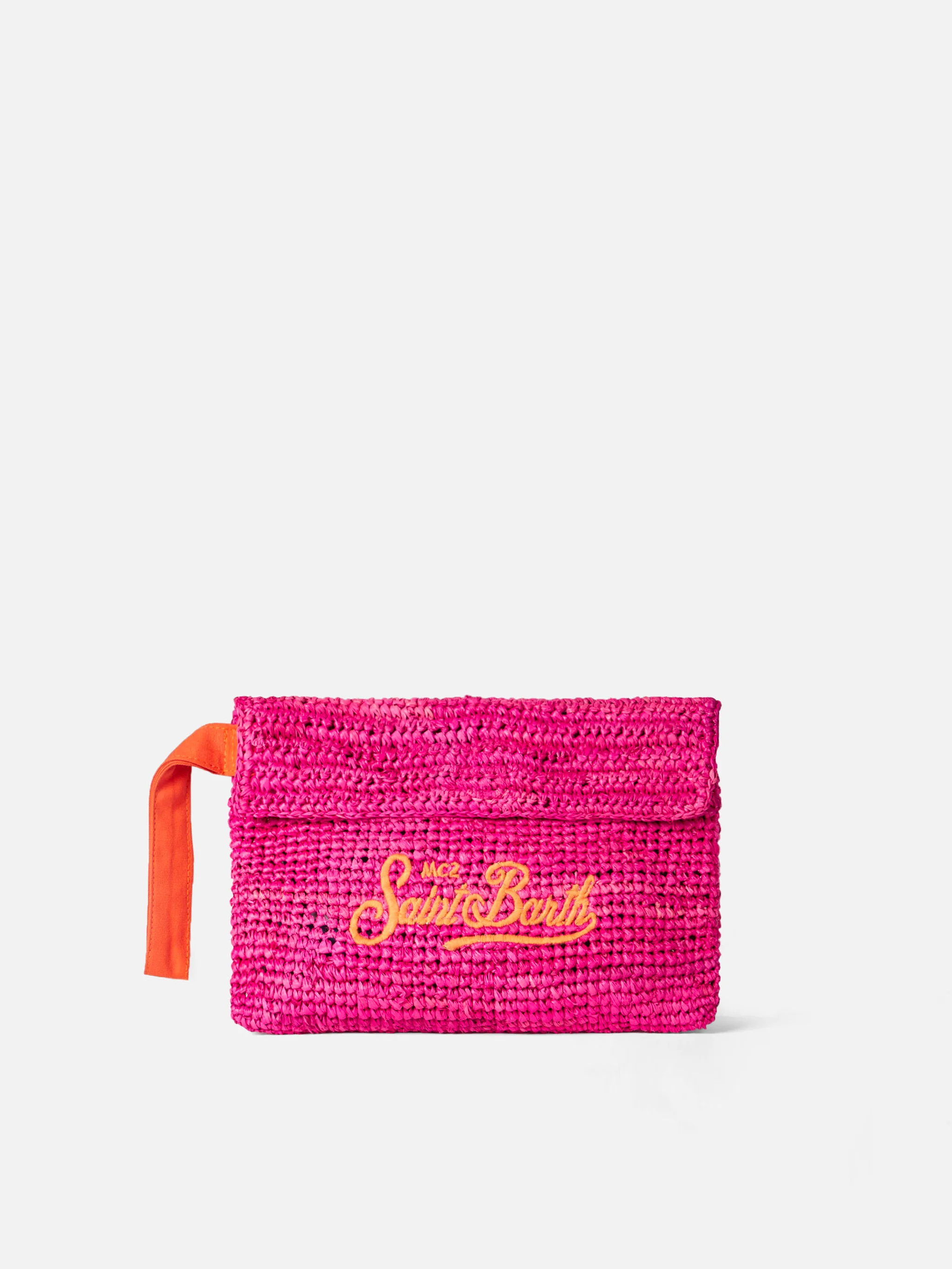 Raffia fuchsia etui met oranje Saint Barth-borduurwerk en polsbandje | MC2 Saint Barth