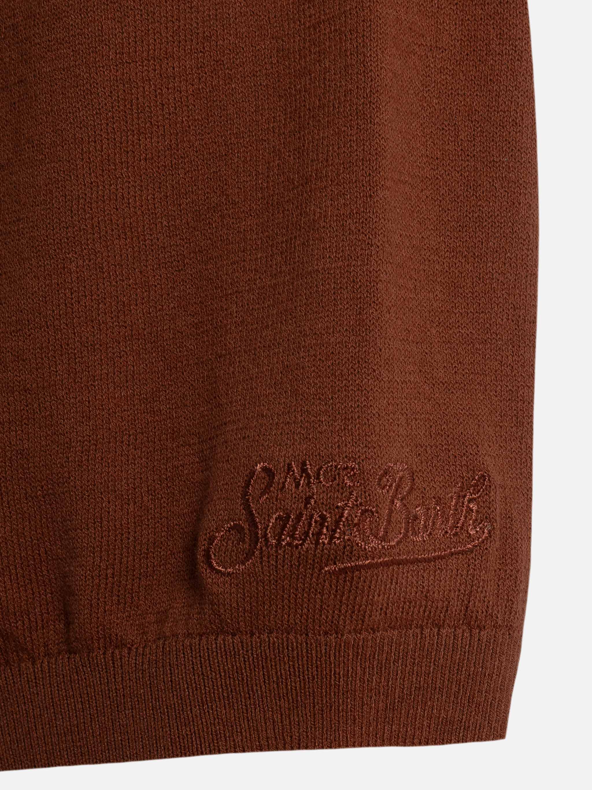 Sloan poloshirt zonder knoopjes in camelkleurige gebreide stof