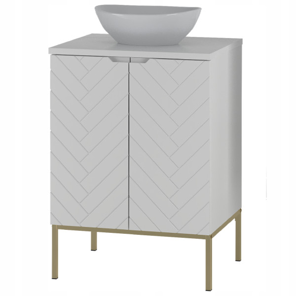 Biała ryflowana szafka z umywalką i blatem 60 cm ASPEN-09-BM złoty stelaż