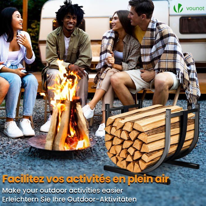 VOUNOT® Range bûche avec sangle de sécurité 41x37x39,5cm - Porte bûche en métal pour chéminée - Support à bois noir