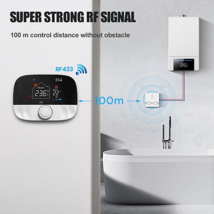 Smart WiFi & RF433 Connected Thermostat with Dual Sensors for Floor/Ambient Temperature, Compatible with Alexa/Google Home, Security
